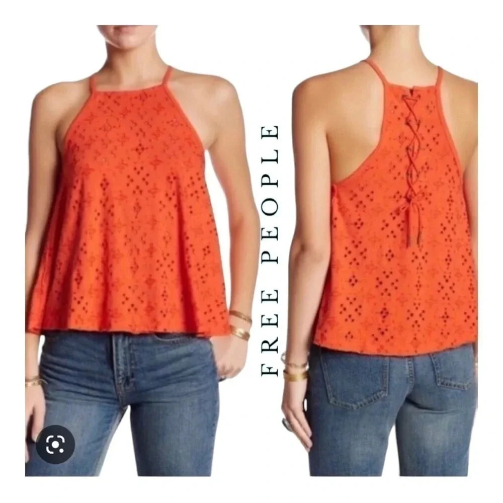 0080. FREE PEOPLE DREAM CUTAWAY EYELET TANK ORANGE IN COLOR SEE MEASUREMENTS‎
